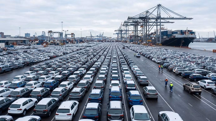 Legenda: Automóveis à espera de exportação num porto chinês — a UE quer limitar a quota dos híbridos fabricados na China a 15% do mercado europeu, atualmente acima de um terço