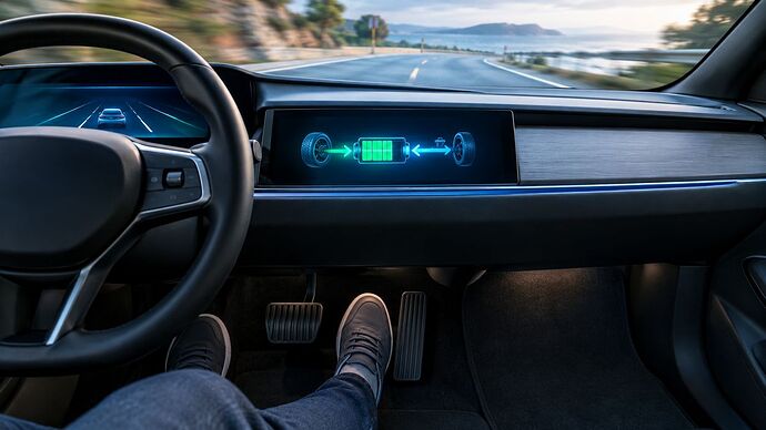 Legenda: Travagem regenerativa — o motor elétrico transforma-se em gerador ao travar, mas a percentagem de energia recuperada varia muito mais do que a maioria imagina